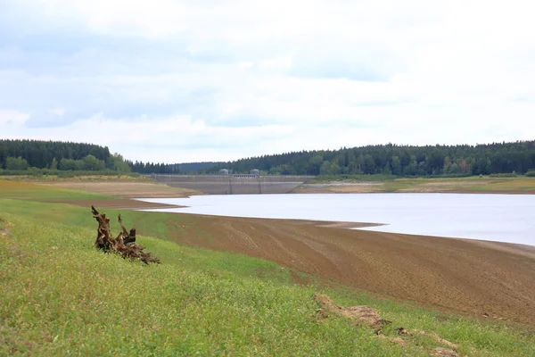 Dried Empty Reservoir Dam Summer Heatwave Low Rainfall Drought Saxony —  Fotos de Stock