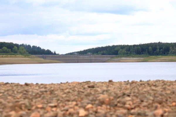 Dried Empty Reservoir Dam Summer Heatwave Low Rainfall Drought Saxony —  Fotos de Stock
