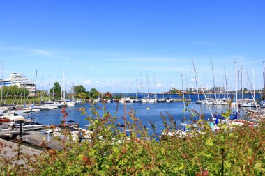 May 23 2022 - Copenhagen in Denmark: Yachts and small boats mooring in the Langelinie marina