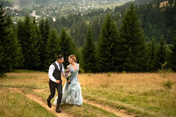 Düğün Çifti Dağlarda Yürüyor Damat Gelini Elinden Tutar Gelinin Elbisesi — Stok fotoğraf
