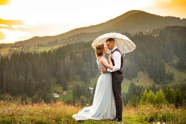 Damat Gelin Yaz Dağlarında Bir Tepenin Zirvesinde Birbirlerinin Önünde Duruyorlar — Stok fotoğraf