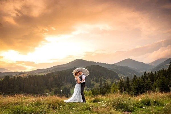 Dağlarda Sevgi Dolu Bir Çift Düğünler Dağlarda Dağlarda Dikilen Manzaranın — Stok fotoğraf