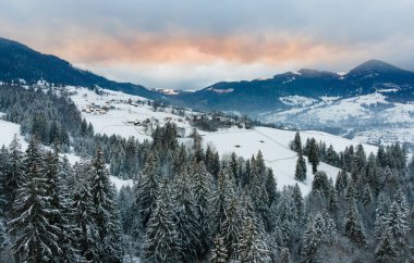 Karla kaplı Ukrayna Karpatları 'nın hava görüntüsü boşluğu kopyalıyor