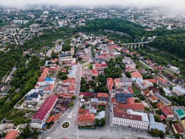 Kamianets-Podilskyi ,panoramic view of historical old city district. Churches, cathedrals, city hall and historical houses in old the center. 