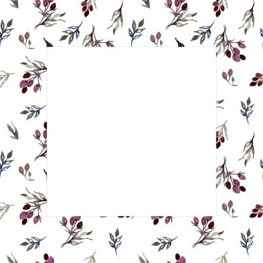 El boyası suluboya kare çerçeve. Soyut çiçekler. Basit çizim botanik sanatı, mor böğürtlen, yeşil yaprak, dal 