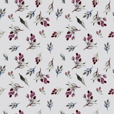 Elle boyanmış suluboya, pürüzsüz desen. Soyut çiçekler. Basit çizim botanik sanatı, mor böğürtlen, yeşil yaprak, dal 