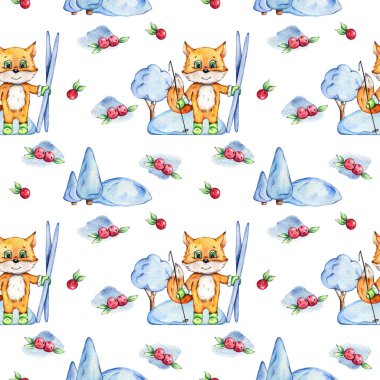 Elle boyanmış suluboya, pürüzsüz desen. Kış sporları. Ormanda küçük tilki kayağı