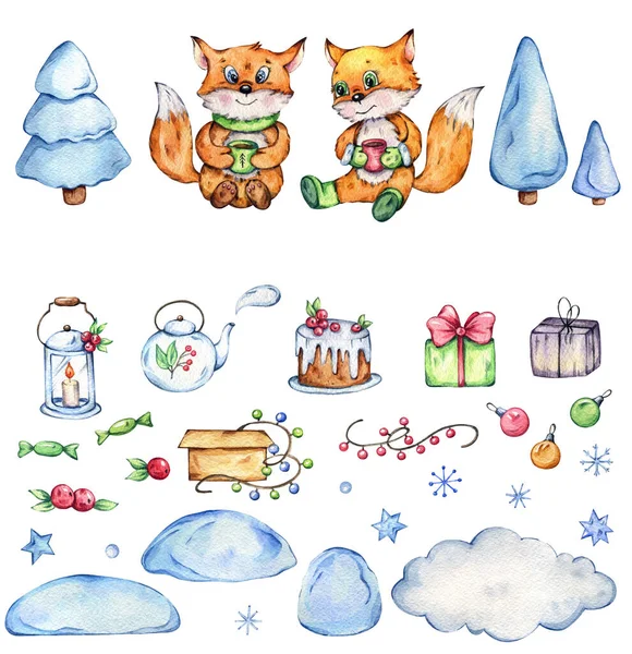Hand Drawn Watercolor Set Cliparts Isolated White Background Winter Holidays — Stock Photo, Image