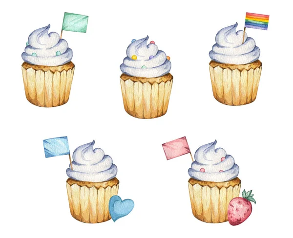 Handgemaltes Aquarell Set Valentinstag Und Lgbt Feiertags Cupcakes Mit Buntem — Stockfoto