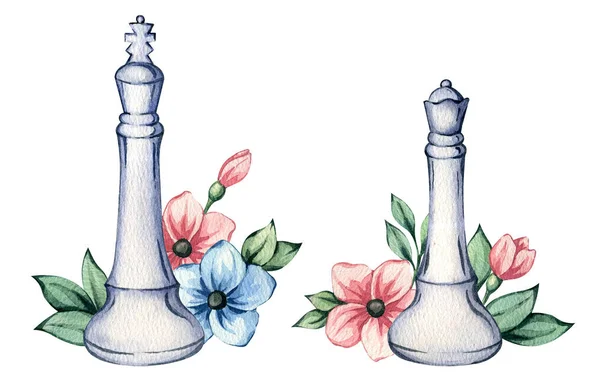 Kézzel Festett Akvarell Színes Illusztráció Izolált Sakkbábuk Virágokkal — Stock Fotó