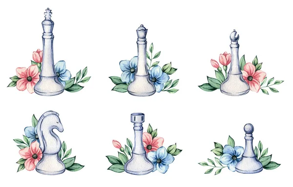 Hand Painted Watercolor Colorful Illustration Set Isolated Chess Pieces Gentle — Stock Photo, Image