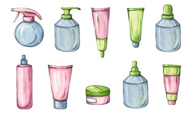 Beyaz arka planda elle çizilmiş kozmetik kutular ve kavanozlar. Spa, kozmetik, kuaförlük, banyo aksesuarları.