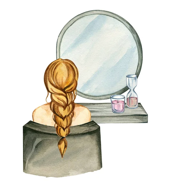 Hand Drawn Watercolor Fashion Illustration Redhead Woman Mirror Hair Salon — Stockfoto
