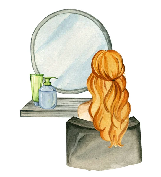 Ručně Kreslené Akvarel Módní Ilustrace Zrzka Žena Zrcadla Kadeřnictví Stock Fotografie