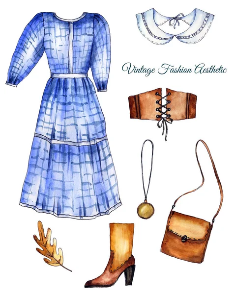 手描き水彩イラスト ファッションアート 青と茶色のヴィンテージの服のセット レトロなドレス ブーツ 白い背景に隔離されたジュエリー ロイヤリティフリーのストック画像