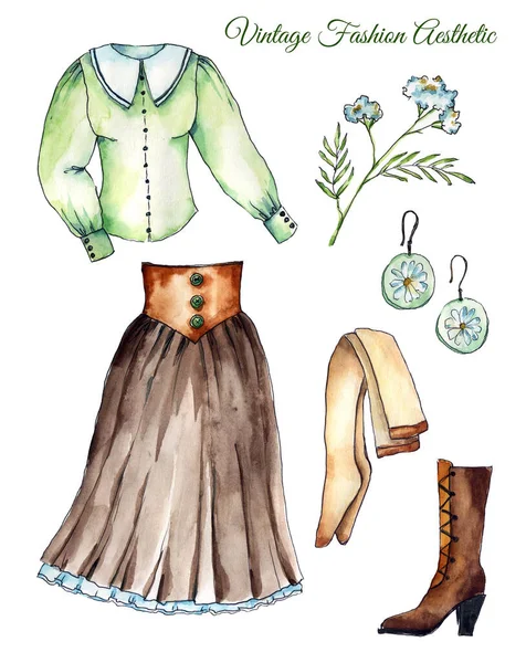 手描き水彩イラスト ファッションアート 緑と茶色のパステルカラーのヴィンテージ服のセット レトロなブラウス スカート ブーツ イヤリングは白い背景に隔離された ストック画像