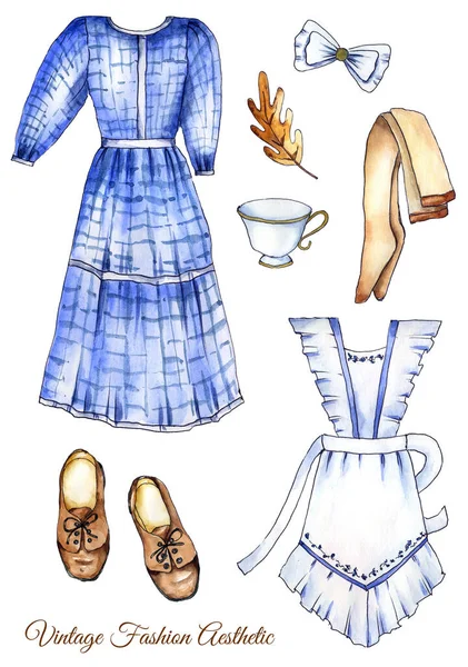 手描き水彩イラスト ファッションアート 青と茶色のヴィンテージの服のセット レトロなドレス ブーツ 白い背景に隔離されたジュエリー ロイヤリティフリーのストック画像