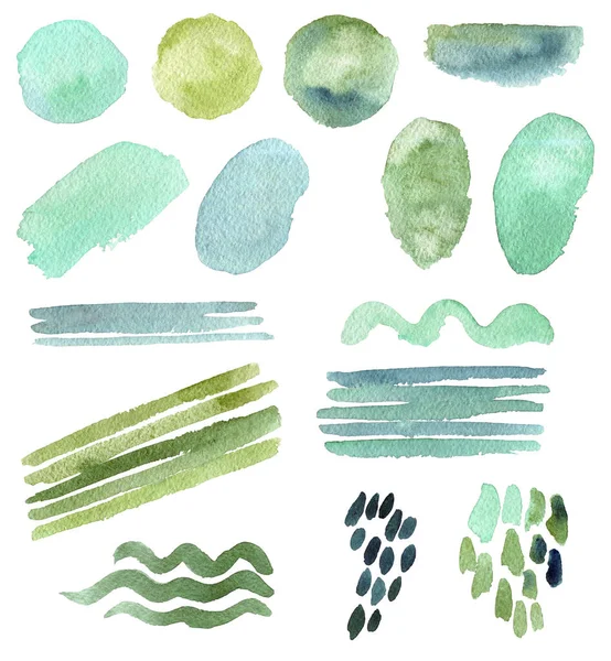 手描き抽象セット 水彩線 ストライプ 緑の点 白の背景に孤立したミントの色 ストック写真