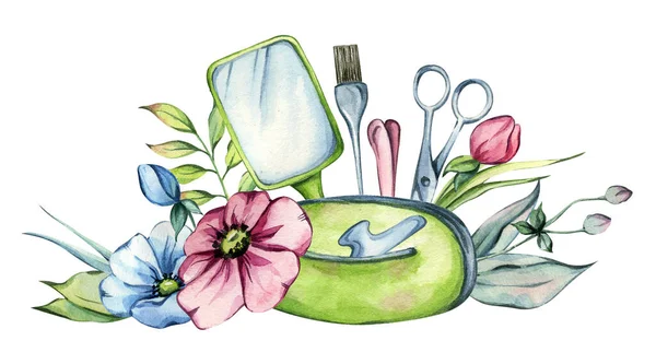 Ručně Kreslené Akvarel Složení Nástrojů Květin Kadeřnictví Izolované Bílém Pozadí Stock Fotografie