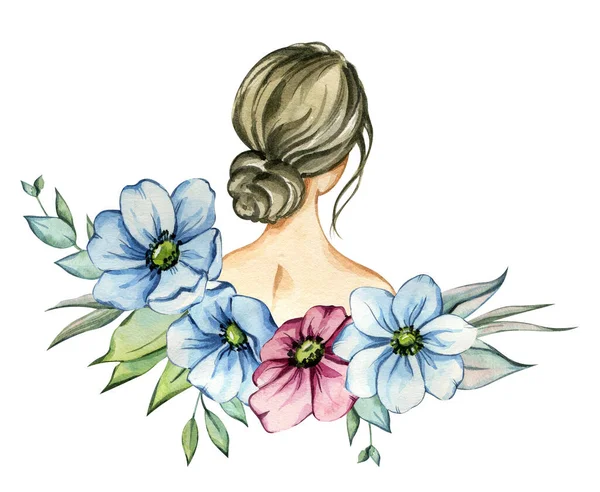 手描き水彩イラスト 上品な髪型のダークヘアの女の子 花の配置 ストックフォト