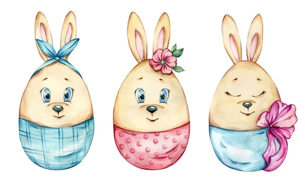 Ručně Malované Akvarel Ilustrace Roztomilé Postavy Velikonoční Vajíčka Králičími Ušima Royalty Free Stock Fotografie