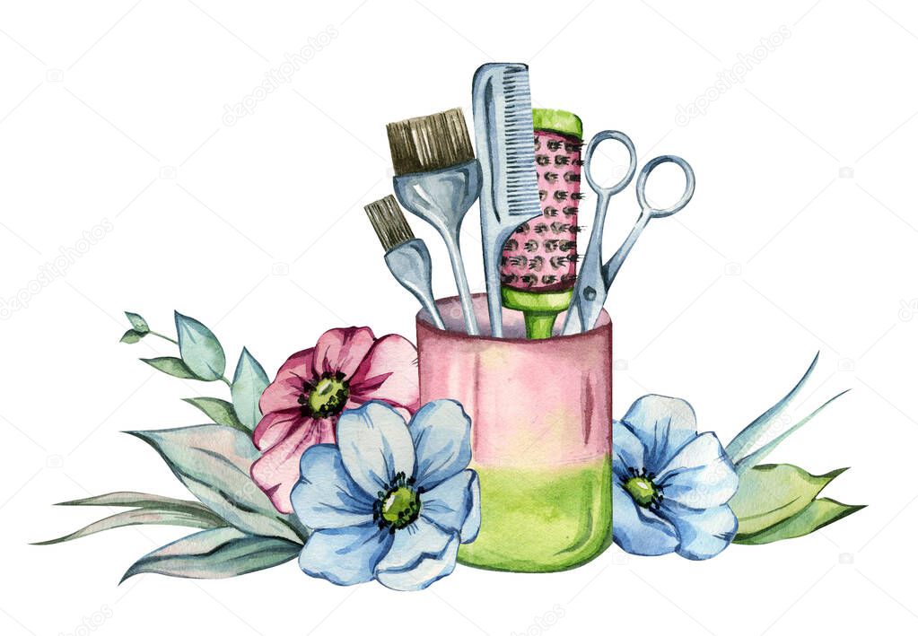 Hand drawn watercolor composition of hair salon tools and flowers isolated on white background. Hairdressing accessories.