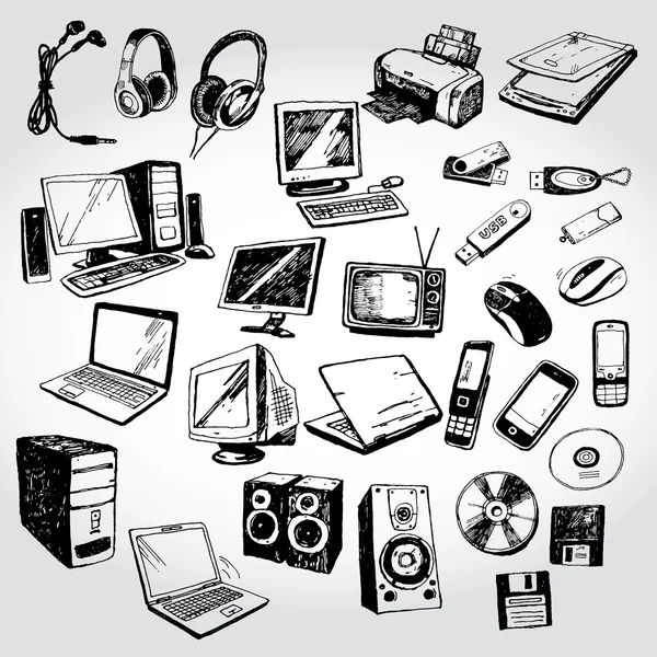 Muchos dispositivos Doodled — Archivo Imágenes Vectoriales