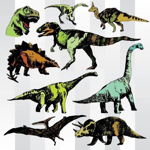 Hand dras olika dinosaurier — Stock vektor