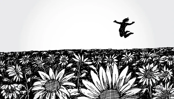 Campo de flores con hombre de salto — Vector de stock