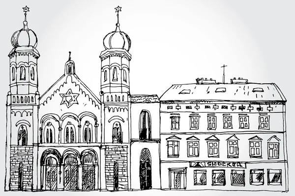 Gemütliche Straße mit Synagoge — Stockvektor