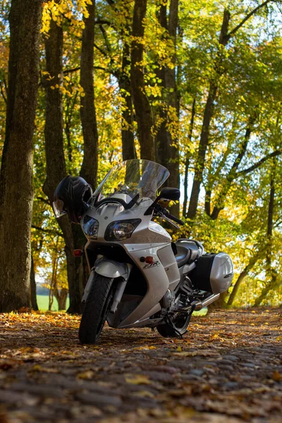 Szary motocykl Yamaha FJR stoi na drodze z brukowcami i żółtymi jesiennymi liśćmi. Motocykl jesienią. Wysokie drzewa z żółtymi, pomarańczowymi liśćmi. Mińsk Białoruś, wrzesień 2021 — Zdjęcie stockowe