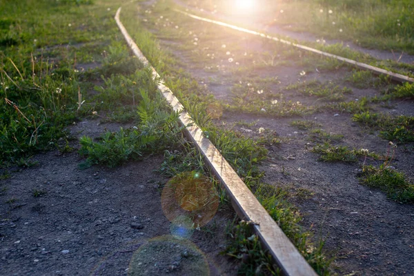 Régi rozsdás vasúti sínek. Zöld fű nő mindenfelé. A ragyogó nap süt és a vakító fény a keret alján van. Hajlított vasúti sínek. Vasúti sín vasút vasút vasút vasút. — Stock Fotó