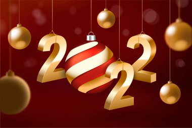 3D Gerçekçi Altın Numaralar 2022 ve kırmızı arka planda altın Noel topları