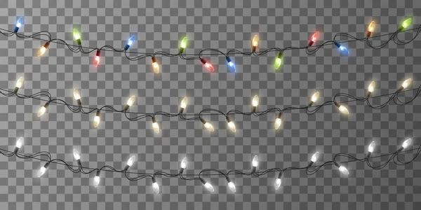 Slingers, kerstversiering licht effecten. Geïsoleerde vector designelementen. Gloeiende lichten voor kerstvakantie wenskaart ontwerp. Kerst decoratie realistische lichtgevende garland — Stockvector