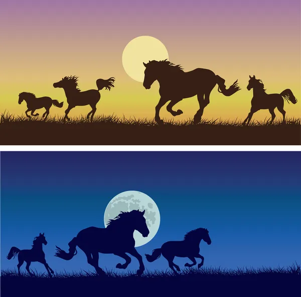 Correr caballos contra una decadencia, noches — Vector de stock