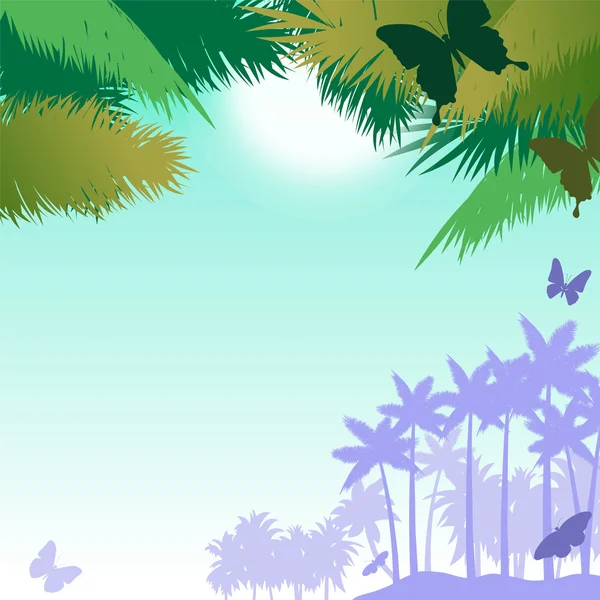 Vector background with butterflies and palms — Stock Vector