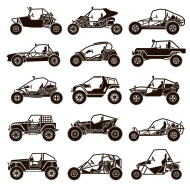 Beyaz arkaplanda 15 vektör siyah spor araba böceği simgesi izole edildi 