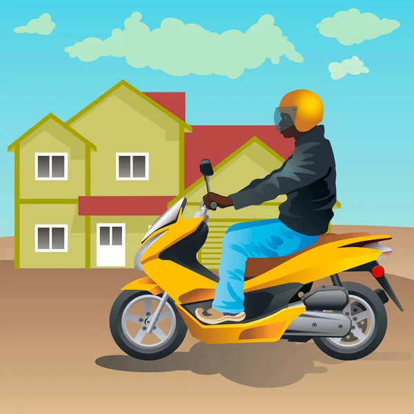 田舎の家と雲と空を背景に黄色のモータースクーター上の暗いジャケットと黄色のヘルメットのベクトル男 — ストックベクタ