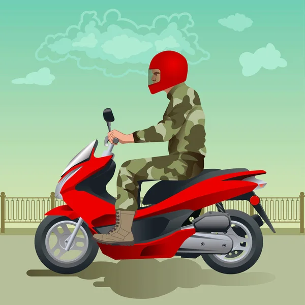 Vektor Pria Dalam Pakaian Kamuflase Dan Helm Merah Pada Motor - Stok Vektor