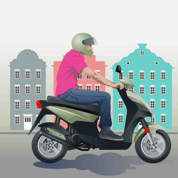 Vector Hombre Una Camisa Rosa Scooter Verde Ciudad Sobre Fondo — Archivo Imágenes Vectoriales