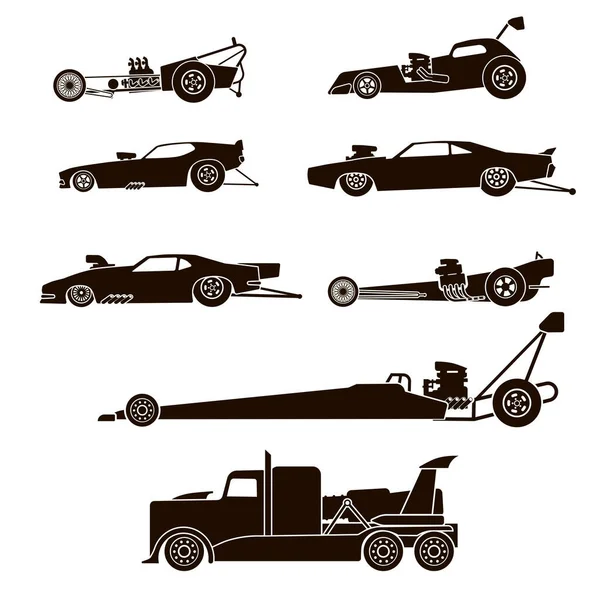 8個のブラックベクトルスポーツカーアイコンのセット 白の背景のドラァグスター — ストックベクタ