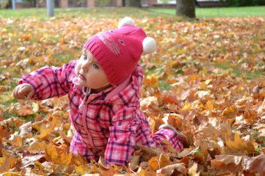 Sarı balon tutan küçük bebeği güz yaprakları