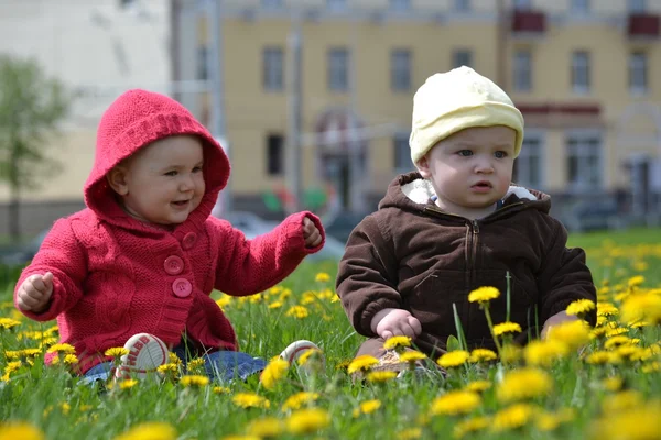 Two small children (boy and girl) sit on the grass — Stock Photo, Image