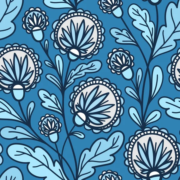 Nahtlosestes Pattern Mit Runden Blüten Auf Einem Blauen Rücken Vektor — Stockvektor