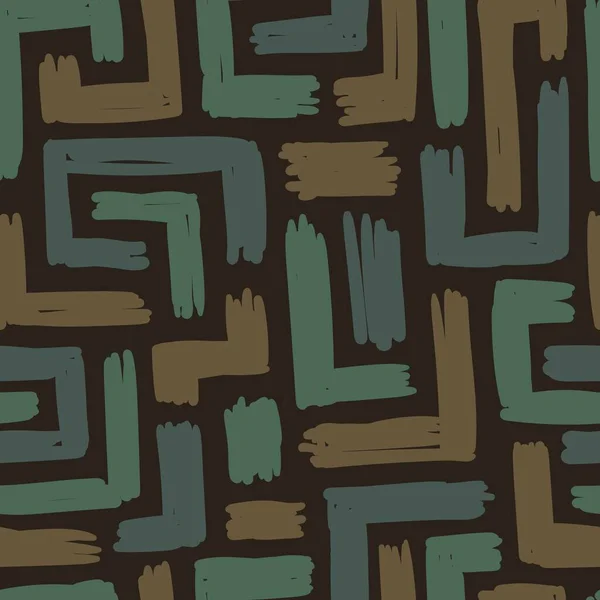 ベージュとグリーンのストロークとシームレスなパターンは ベクトルにおけるダークブラウンの背景にあります — ストックベクタ