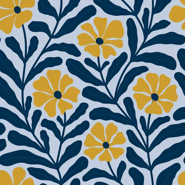 青い背景に黄色の花を咲かせるシームレスなパターン — ストックベクタ