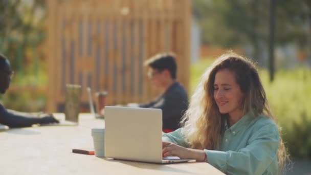 Schöne Freiberuflerin Tippt Laptop Während Sie Ferngesteuert Tisch Park Arbeitet — Stockvideo
