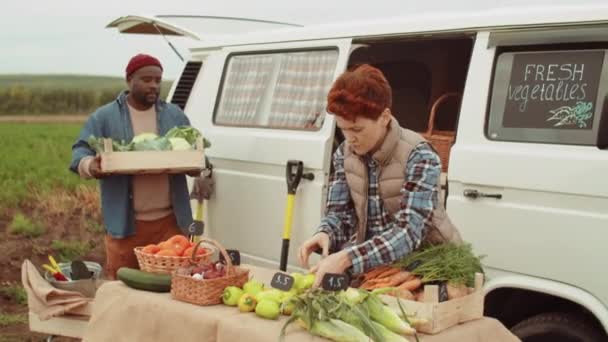 Afroamerikanische Bäuerin Bringt Kiste Mit Produkten Während Kaukasische Frau Frisches — Stockvideo