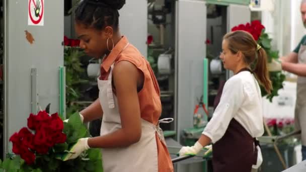 Mujer Afroamericana Guantes Delantal Revisando Racimo Rosas Rojas Poniéndolo Cinta — Vídeos de Stock