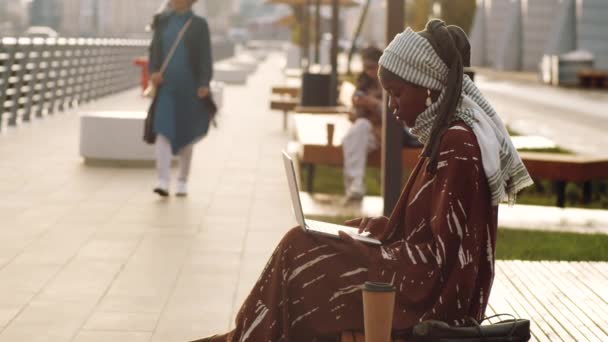歩行者天国の通りのベンチに座って携帯型コンピュータを入力している若い黒人女性の中長期的な側面図 — ストック動画